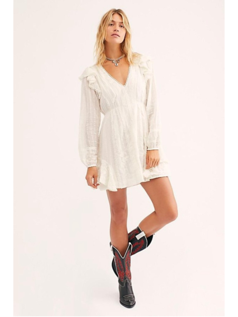 Free People Sadler Embroidered V Neckl Mini Dress Size 2 Festival Ruffled